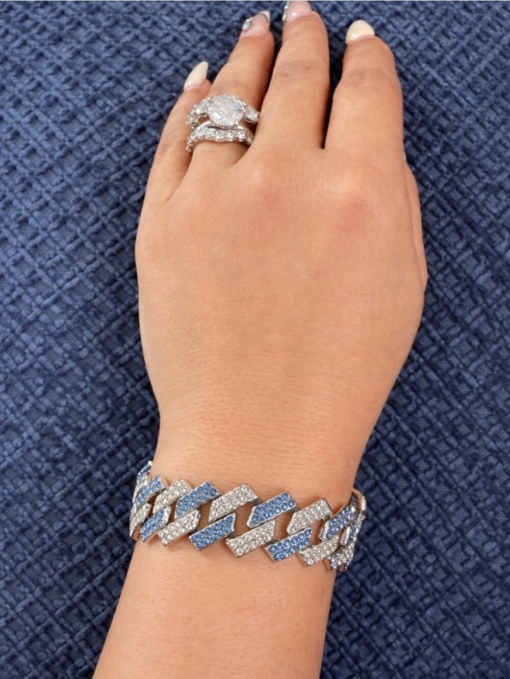 Crvstal Cuban Link Bracelet - Blue & Silver Pavé